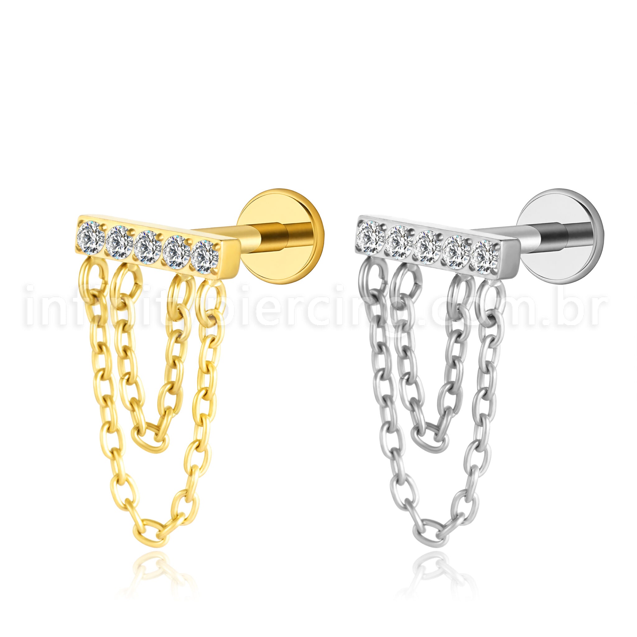 Piercing Labret Aço Cirúrgico Barra Com Correntes Zircônia